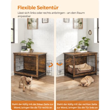 Bild einer Haustierbox mit einer flexiblen Seitentür, mit einem Französischen Bulldoggen davor. Der Text erklärt die Türplatzierungsoptionen.