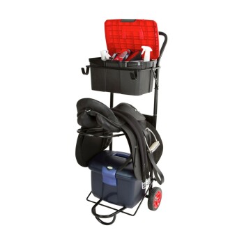 Ein Haustierpflegewagen mit einem schwarzen Rahmen, der oben eine rote Werkzeugkiste mit Pflegeutensilien und darunter einen blauen Aufbewahrungskasten hat.