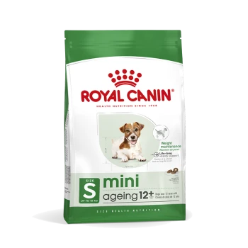 Royal Canin Mini Ageing 12+ Hundefutterbeutel, entworfen für kleine Hunde über 12 Jahre, mit Ansprüchen auf Gewichtserhaltung und Vitalitätsunterstützung.