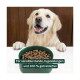 Lächelnder Golden Retriever mit Pfoten neben einer grünen Schüssel mit Kibble; sichtbarer Text: ‚100% getreidefrei‘