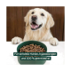 Lächelnder Golden Retriever mit Pfoten neben einer grünen Schüssel mit Kibble; sichtbarer Text: ‚100% getreidefrei‘