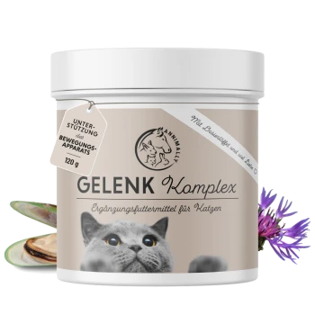 Behälter mit 'Gelenk Komplex' Gelenkergänzung für Katzen, 120g, mit einer Nahaufnahme des Gesichts einer Katze und dekorativen Elementen wie Muscheln und Blumen.