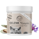 Behälter mit 'Gelenk Komplex' Gelenkergänzung für Katzen, 120g, mit einer Nahaufnahme des Gesichts einer Katze und dekorativen Elementen wie Muscheln und Blumen.