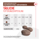 Diagramm der Hundenaschempfehlungen für gastrointestinale Diäten, das Gewichtskategorien, Leckerli-Grenzen und Kalorieninformationen detailliert. Drei Leckereien angezeigt.