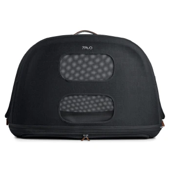 Schwarze Haustiertragetasche mit Netzfenstern und einem oberen Griff, mit einem Reißverschluss und dem Markenlogo "TAVO" auf der Vorderseite.