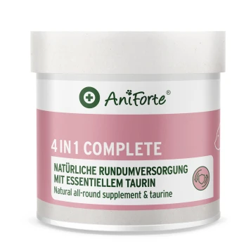 Behälter von AniForte 4 in 1 Komplett, ein natürliches Rundum-Supplement mit Taurin, mit einem rosa Etikett und Gesundheitssymbolen.
