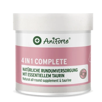 Behälter von AniForte 4 in 1 Komplett, ein natürliches Rundum-Supplement mit Taurin, mit einem rosa Etikett und Gesundheitssymbolen.