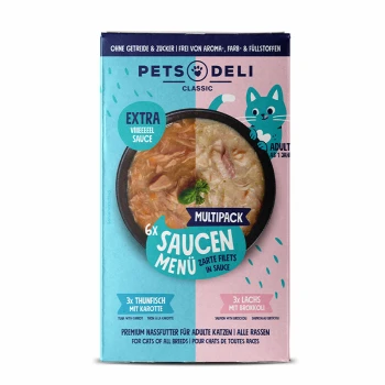 Nassfutter Katze Adult Saucen Menü Multipack Lachs, Thunfisch 6x70g Multipack von Pets Deli Classic Katzenfutter mit 6 Portionen zarten Filets in Sauce, darunter 3 Thunfisch mit Karotte und 3 Lachs mit Brokkoli.