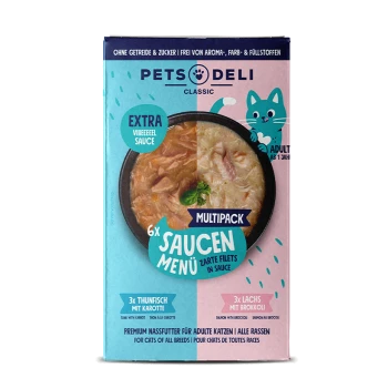 Multipack von Pets Deli Classic Katzenfutter mit 6 Portionen zarten Filets in Sauce, darunter 3 Thunfisch mit Karotte und 3 Lachs mit Brokkoli.