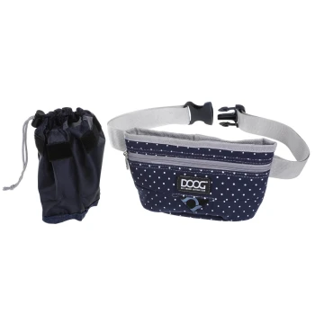 Navyblaue Leckerlitasche für Haustiere mit weißen Punkten, mit einer Reißverschlusstasche und einem Kordelzugbeutel, beschriftet mit 'DOOG.'