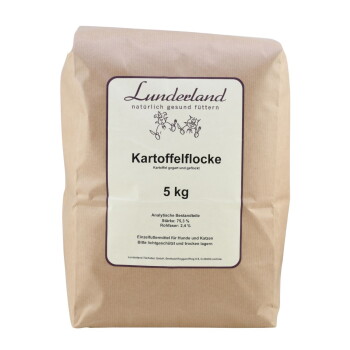 Braune Papiertüte mit der Aufschrift "Lunderland Kartoffelflocke", die 5 kg Kartoffelflocken für Hunde und Katzen enthält, mit Nährwertangaben.