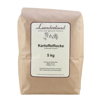 Braune Papiertüte mit der Aufschrift "Lunderland Kartoffelflocke", die 5 kg Kartoffelflocken für Hunde und Katzen enthält, mit Nährwertangaben.