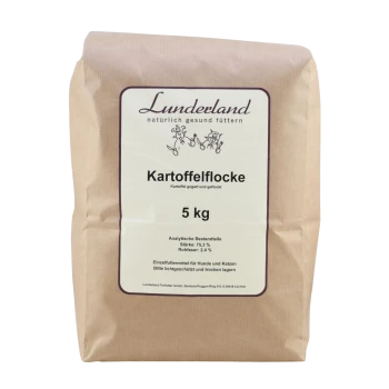 Braune Papiertüte mit der Aufschrift "Lunderland Kartoffelflocke", die 5 kg Kartoffelflocken für Hunde und Katzen enthält, mit Nährwertangaben.