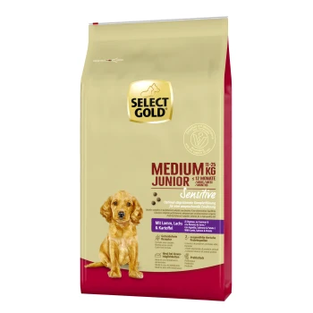 Select Gold Medium Junior Hundefutterbeutel, 11-25 kg, geeignet für Hunde bis zu 12 Monaten, mit der Aufschrift "Sensitive" mit Lamm-, Lachs- und Kartoffelzutaten.