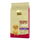 Select Gold Medium Junior Hundefutterbeutel, 11-25 kg, geeignet für Hunde bis zu 12 Monaten, mit der Aufschrift "Sensitive" mit Lamm-, Lachs- und Kartoffelzutaten.