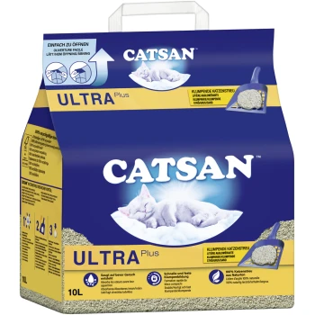 Ultra plus Klumpstreu 10 l Verpackung für Catsan Ultra Plus Katzenstreu, mit einer schlafenden weißen Katze auf einer Wolke, mit Text, der die Klumpeneigenschaften und die Geruchsabsorption hervorhebt.