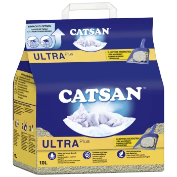 Verpackung für Catsan Ultra Plus Katzenstreu, mit einer schlafenden weißen Katze auf einer Wolke, mit Text, der die Klumpeneigenschaften und die Geruchsabsorption hervorhebt.