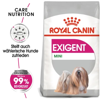 Royal Canin Exigent Mini Hundefutterbeutel mit einer Illustration eines kleinen Hundes, mit Text, der die Pflegeernährung und die Zufriedenheit der Vorlieben hervorhebt.