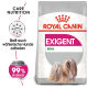 Royal Canin Exigent Mini Hundefutterbeutel mit einer Illustration eines kleinen Hundes, mit Text, der die Pflegeernährung und die Zufriedenheit der Vorlieben hervorhebt.