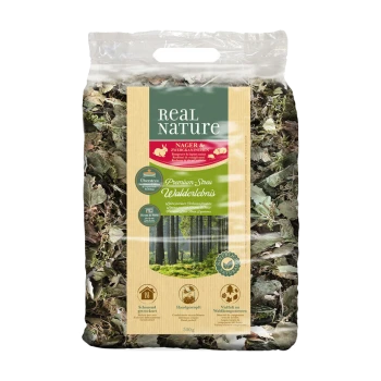 Sac de 500 g de paille premium Real Nature pour petits animaux, avec un design forestier et un texte allemand pour rongeurs et lapins nains.