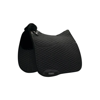 Schwarze, gesteppten Sattelunterlage mit weichem Fleece-Futter, mit einem Stubben-Logo an der Seite.