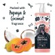 Flasche Bugalugs 2-in-1 Shampoo + Conditioner mit Papaya- und Kokosnussduft, mit einem Cartoon-Hund und tropischen Früchten.