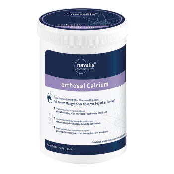 Weißer Behälter des Navalis Orthosal Calcium Ergänzungspulvers für Pferde und Equiden mit Text in mehreren Sprachen.