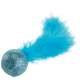 A blue mesh ball toy with a fluffy blue feather tail, designed for pet play.