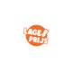 Badge circulaire orange avec texte blanc « LAGE PRIJS » et flèche (néerlandais pour « bas prix »)