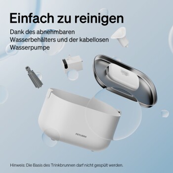 Weicher Haustier-Wasserbrunnen mit abnehmbaren Teilen, beschriftet mit "Einfach zu reinigen" und "PETLIBRO," der einfache Reinigung und eine kabellose Pumpe betont.