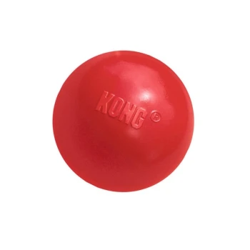 Toy Ball M-L Red rubber dog toy ball with the embossed logo "KONG" on its surface.