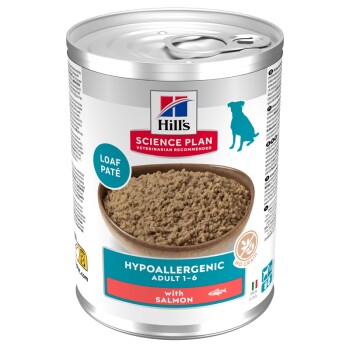 Can of Hill's Science Plan hypoallergenic adult (1-6) dog food, Loaf Paté with Salmon