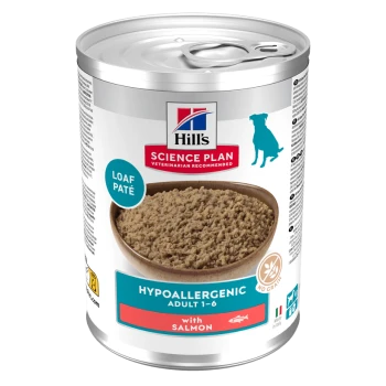 Can of Hill's Science Plan hypoallergenic adult (1-6) dog food, Loaf Paté with Salmon