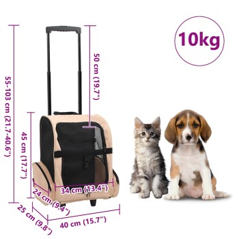 Eine Haustiertrage mit einem ausziehbaren Griff, 55-103 cm hoch, 45 cm breit und 40 cm tief, geeignet für Haustiere bis zu 10 kg, neben einer Katze und einem Hund.