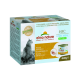 Almo Nature HFC Light Meal natürliche Katzenfutterverpackung mit einer Katzen-Silhouette, mit dem Text "4 leichte Mahlzeiten" und "petto di pollo."