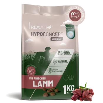 REAVET Hypoconcept Adult Hundefutterbeutel 'Mit frischem Lamm' 1 KG; Kroketten und rohes Lamm abgebildet, gluten- & weizenfrei.