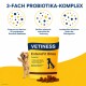 Gelbe VETINESS EnteroFit Bites Probiotikahundeleckerlitasche mit Kroketten und Hundeabbildung, Überschrift ‚3-FACH PROBIOTIKA-KOMPLEX‘.