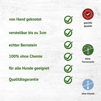 Bild zeigt eine Liste von Produktansprüchen für ein Hundeaccessoire: handgeknüpft, verstellbar, echtes Bernstein, chemiefrei, für alle Hunde geeignet, mit Häkchen.
