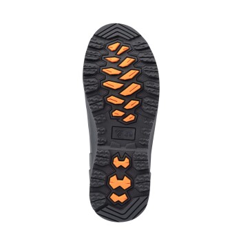 Sohle eines grauen Schuhs mit einem robusten Profilmuster und orangefarbenen Akzenten, entworfen für Traktion und Haltbarkeit.