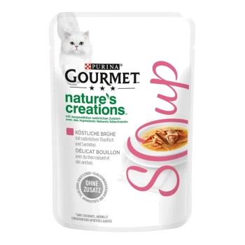 Pochette de nourriture pour chats Purina Gourmet Nature's Creations présentant un chat blanc, avec un texte mettant en avant "bouillon délicieux avec du thon et des sardines naturels."