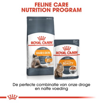 Royal Canin Feline Care Nutrition Program met Hair & Skin droogvoer en Intense Beauty natvoer, met een kattenafbeelding en tekst in het Nederlands.