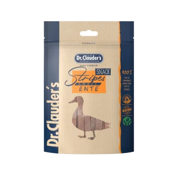 Die Verpackung von Dr. Clauder's hochqualitativem Snack mit 'Stripes Small Ente' und einer Entenillustration, gekennzeichnet mit 100% Ente.