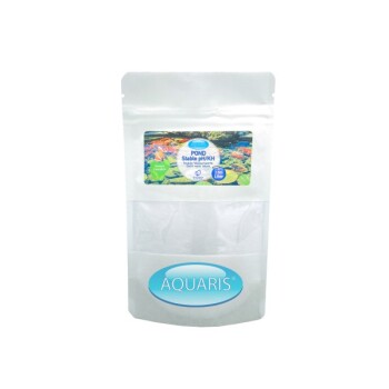 AQUARIS Teich Stabil pH/KH Produktverpackung mit einem bunten Etikett mit aquatischen Bildern, das anzeigt, dass es bis zu 12.000 Liter behandelt.