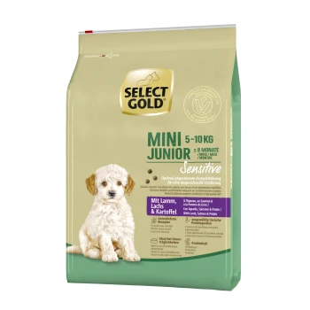 Sensitive Mini Junior Lamm/Lachs/Kartoffel 4 kg Select Gold Mini Junior Hundefutterbeutel, 5-10 kg, geeignet für Welpen bis zu 8 Monaten. Enthält "Sensitive"-Formel mit Lamm, Lachs und Kartoffel.