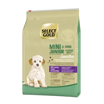 Select Gold Mini Junior dog food bag, 5-10 kg, suitable for puppies up to 8 months. Features "Sensitive" formula with lamb, salmon, and potato.