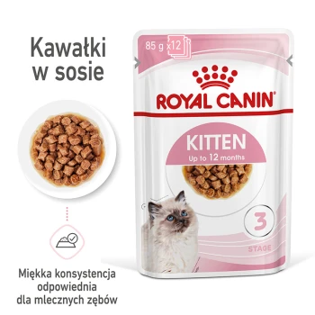 Torebka karmy dla kociąt Royal Canin, 85g x 12, z miękkimi kawałkami w sosie, odpowiednia dla kociąt do 12 miesięcy, z obrazkiem kota.