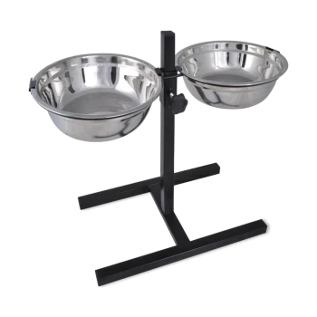 Edelstahlständer für doppelte Futter- und Wasserschalen für Haustiere mit verstellbarer Höhe und einem stabilen schwarzen Metallrahmen.