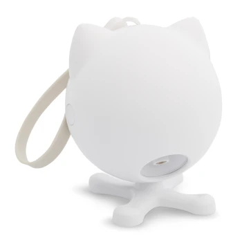 PetSafe Automatisches Laserspielzeug für Katzen Dancing Dot Weißes katzenförmiges Spielzeug für Haustiere mit einem runden Körper und kleinen Ohren, das eine Basis mit vier Beinen und einer Schlaufe zur Befestigung aufweist.