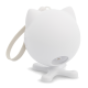 Weißes katzenförmiges Spielzeug für Haustiere mit einem runden Körper und kleinen Ohren, das eine Basis mit vier Beinen und einer Schlaufe zur Befestigung aufweist.