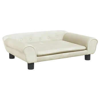 Ein stilvolles, cremefarbenes Haustiersofa mit abgerundeten Armen, Knopfdetails und einem flachen Kissen, das auf vier schwarzen Beinen ruht.